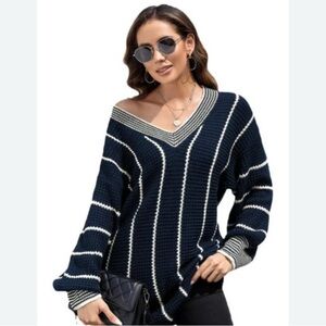 Uniquely yours Navy and White Striped V-Neck Sweater, medium